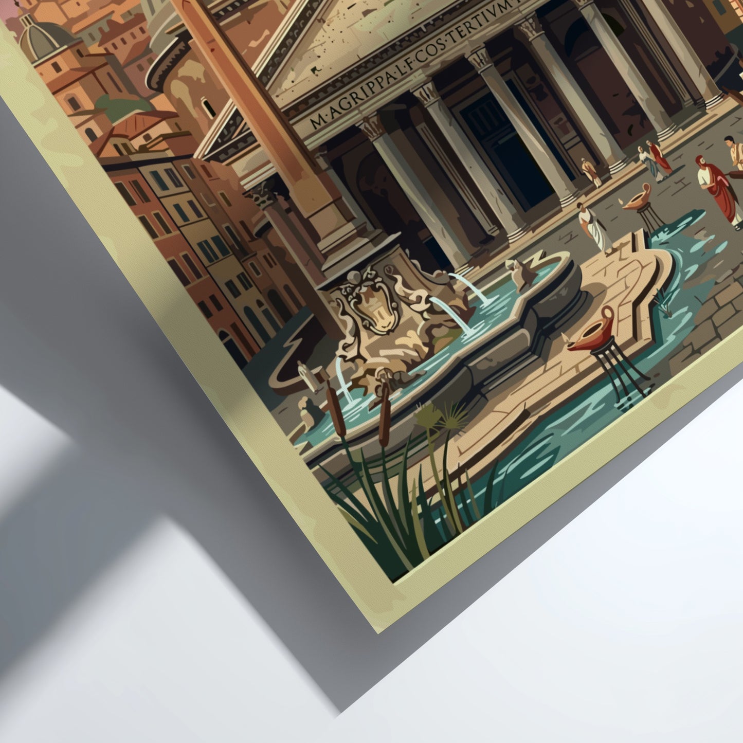 Pantheon Rome travel poster featuring vintage style, warm tones, and classic architecture