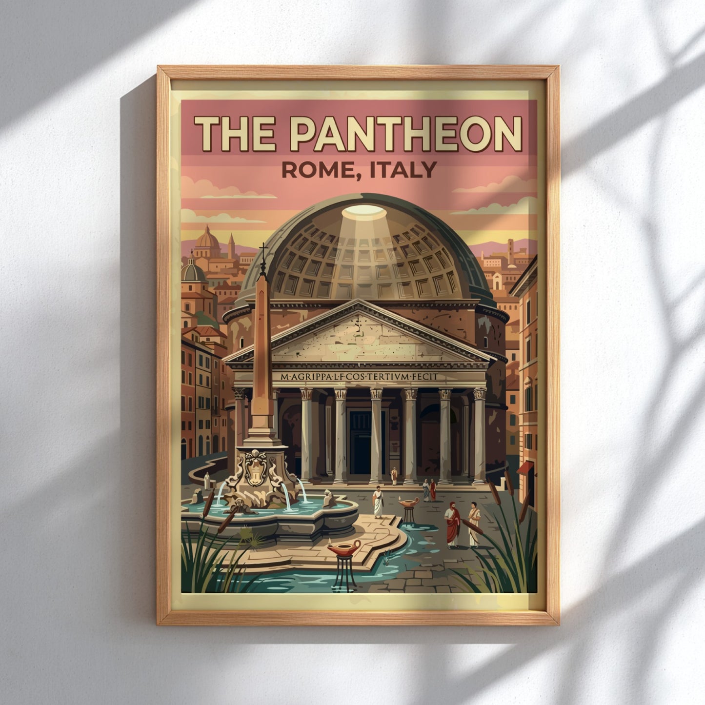 Pantheon Rome travel poster featuring vintage style, warm tones, and classic architecture