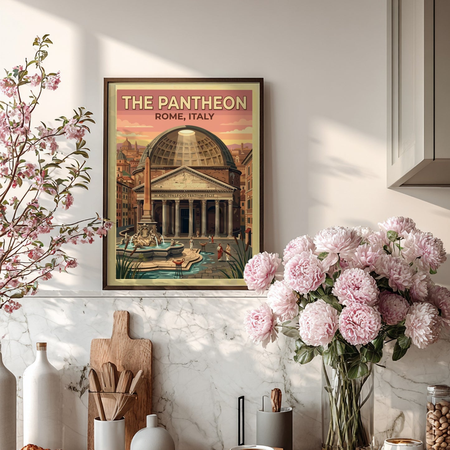 Pantheon Rome travel poster featuring vintage style, warm tones, and classic architecture