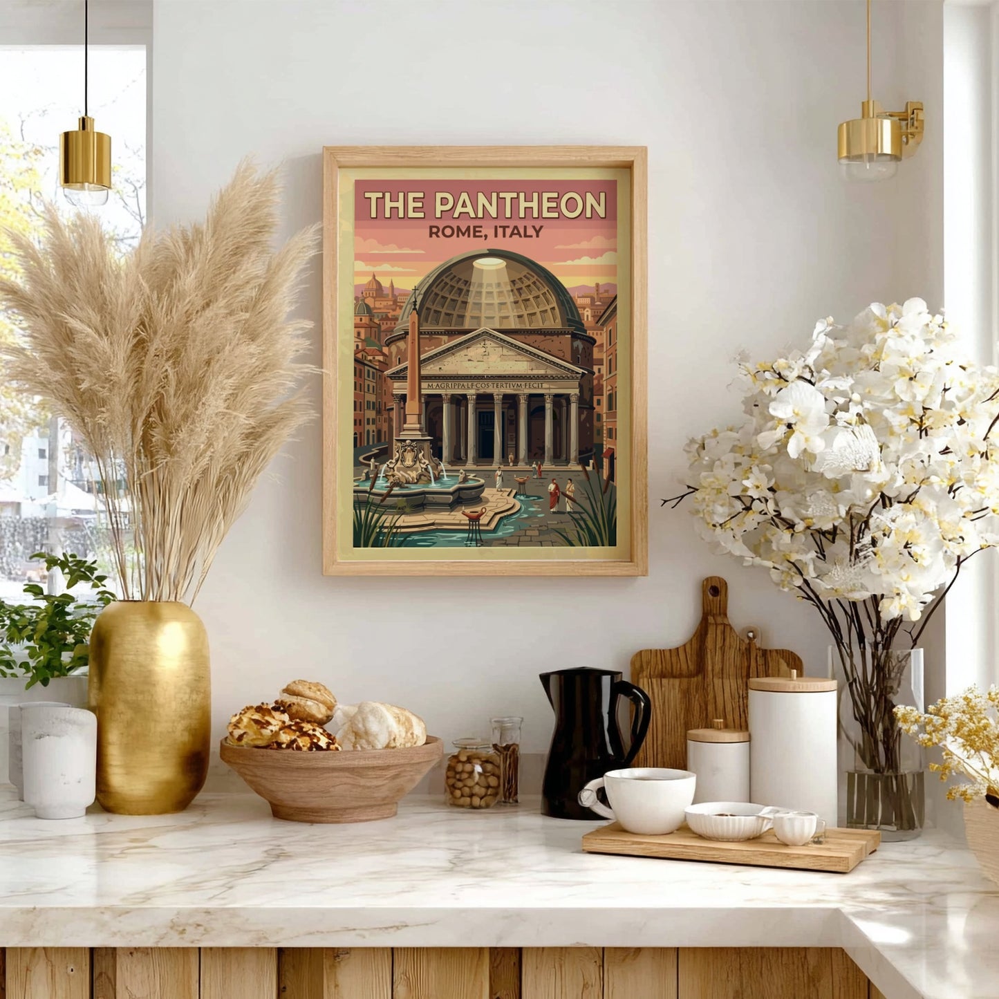 Pantheon Rome travel poster featuring vintage style, warm tones, and classic architecture