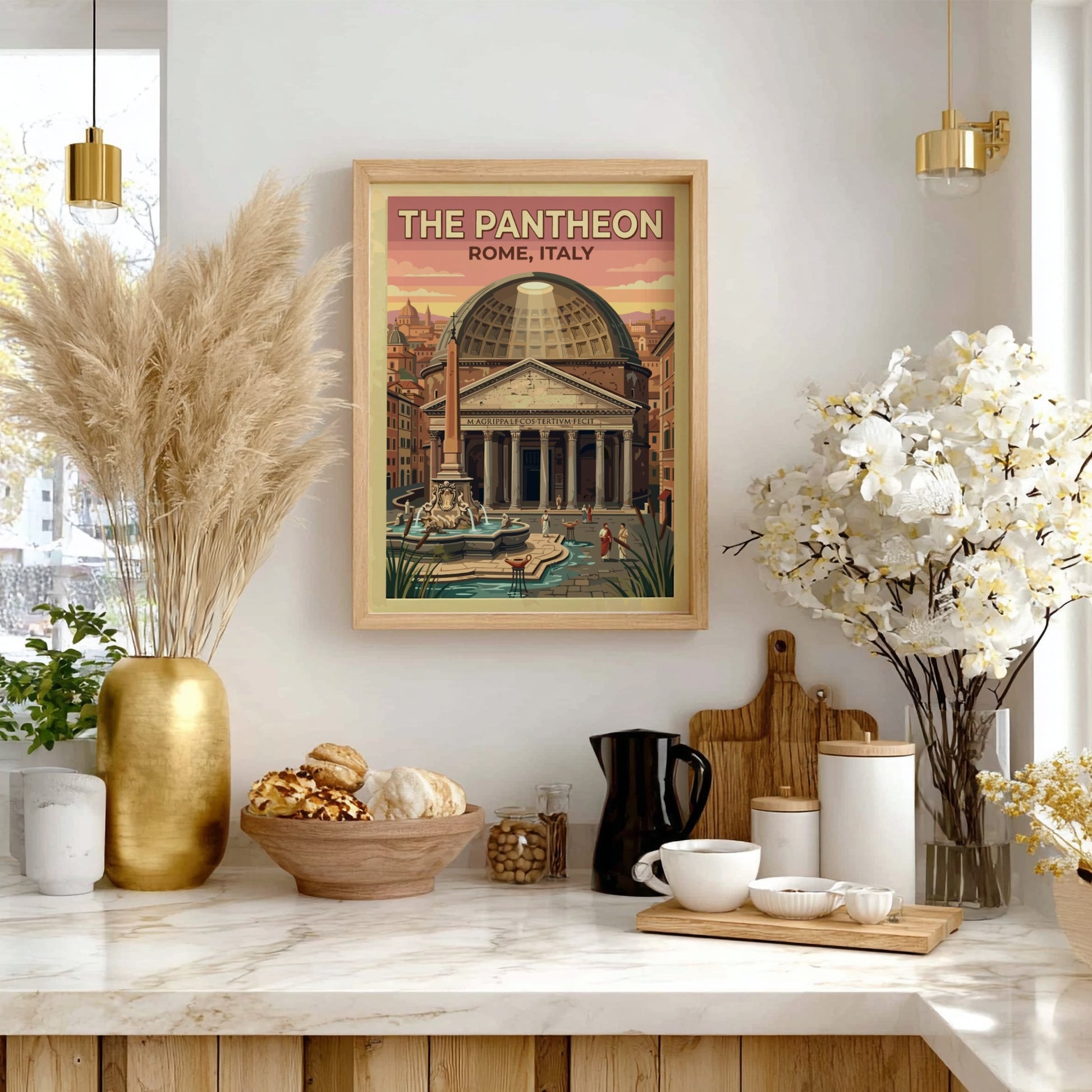 Pantheon Rome travel poster featuring vintage style, warm tones, and classic architecture
