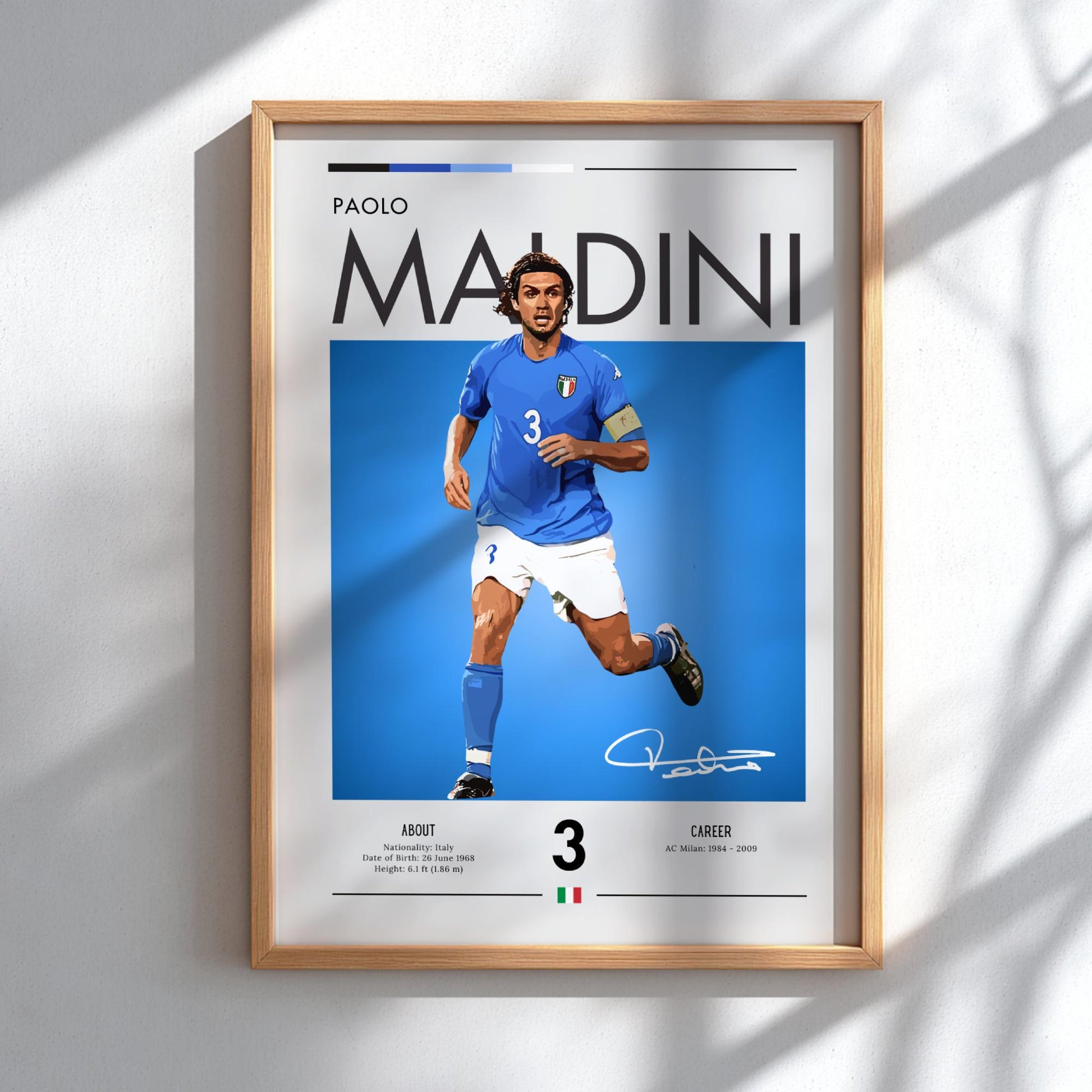 Framed poster of a soccer player in a blue jersey with 'Paolo Maldini' text. 