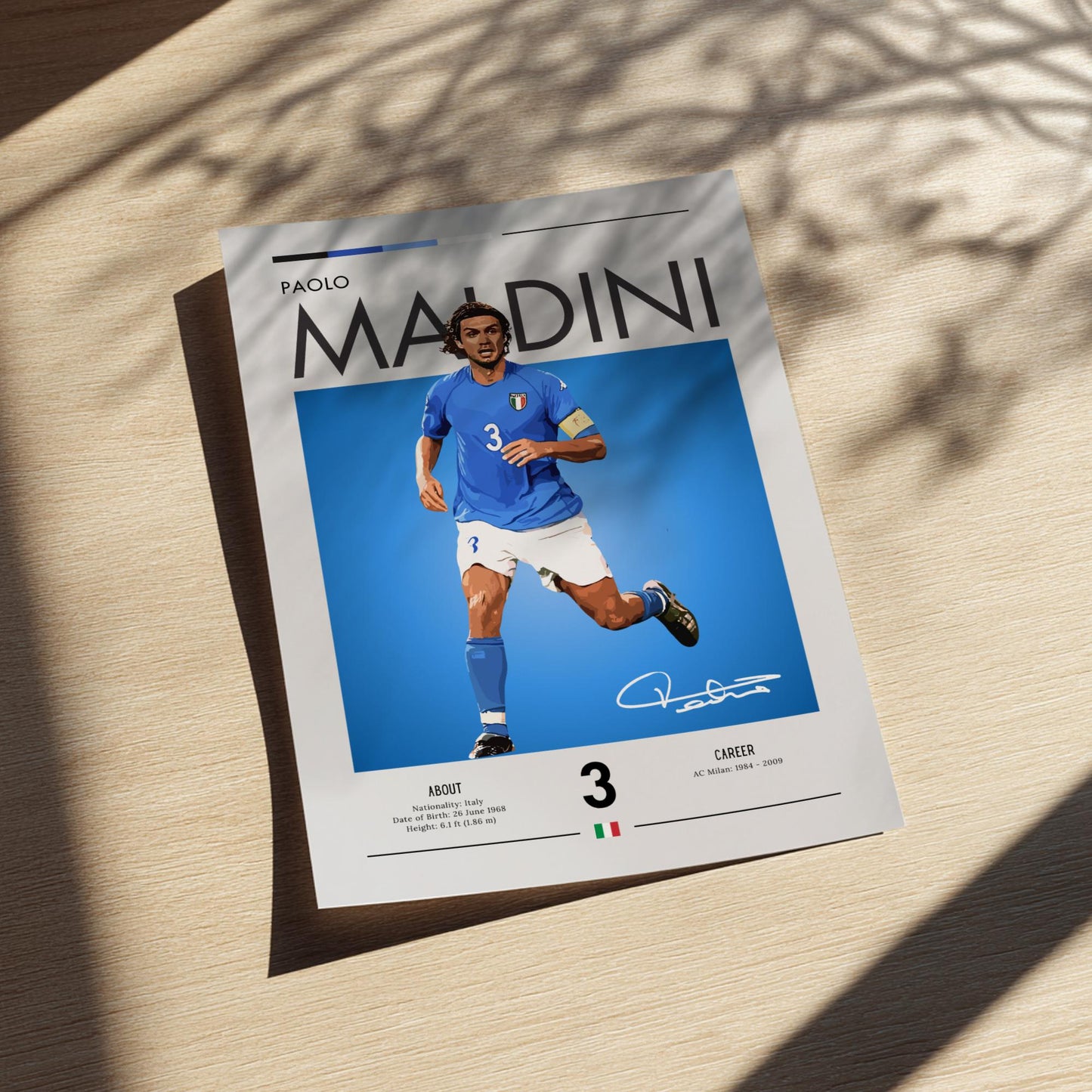 Poster of Paolo Maldini in a blue jersey on a wooden surface