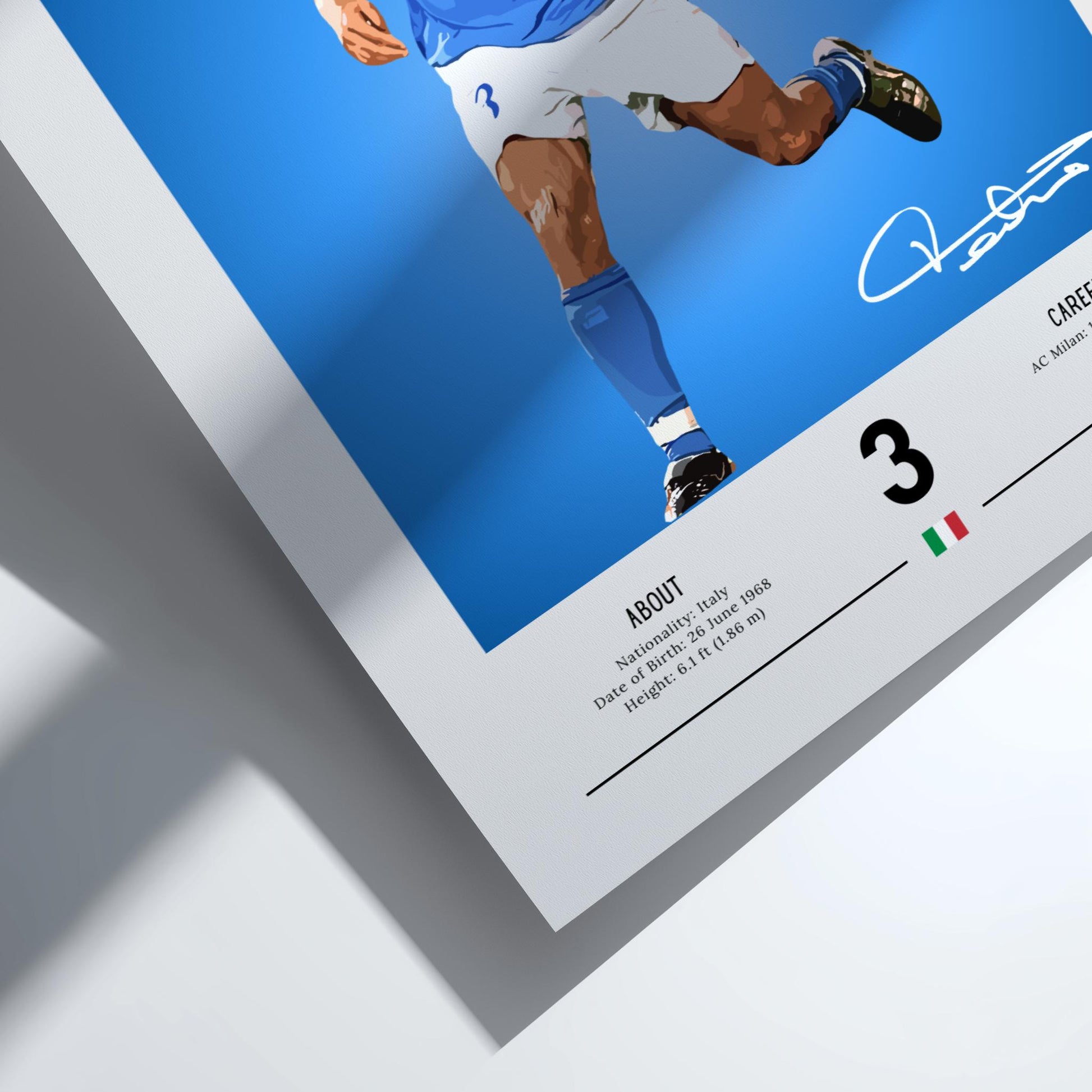 Soccer player in action on a framed poster with Italian flag and signature