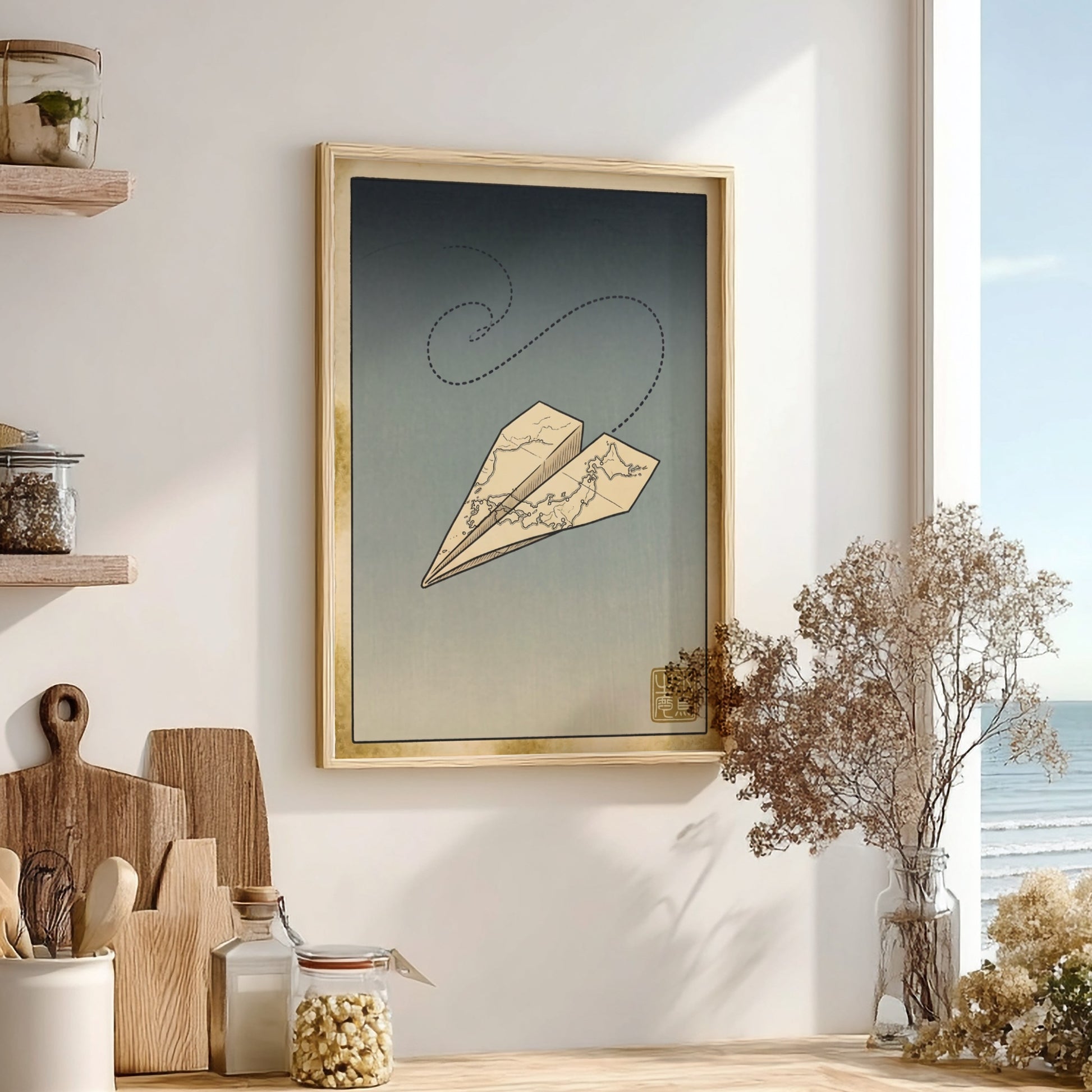 Japanese art style poster featuring a paper airplane in soft colors