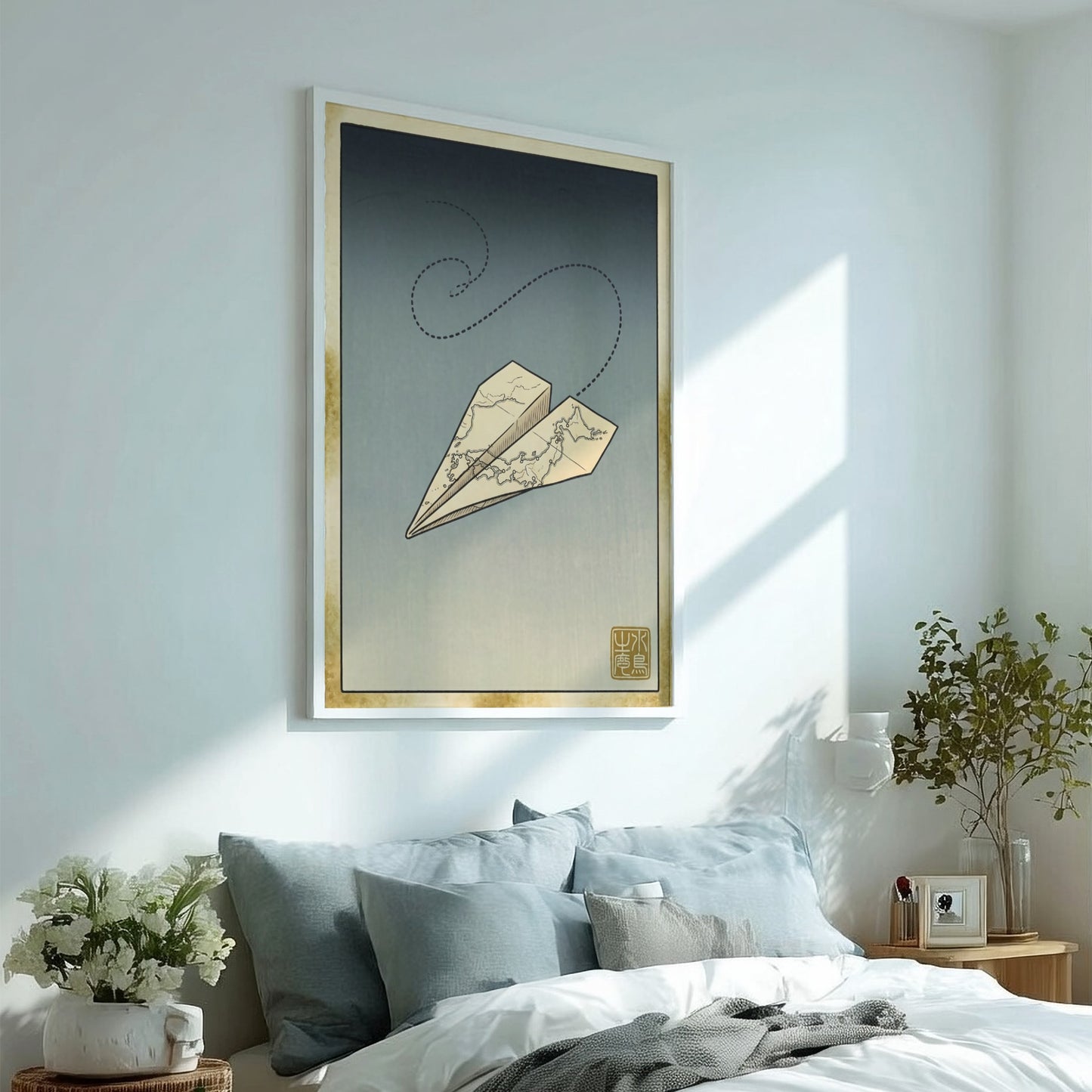 Japanese art style poster featuring a paper airplane in soft colors