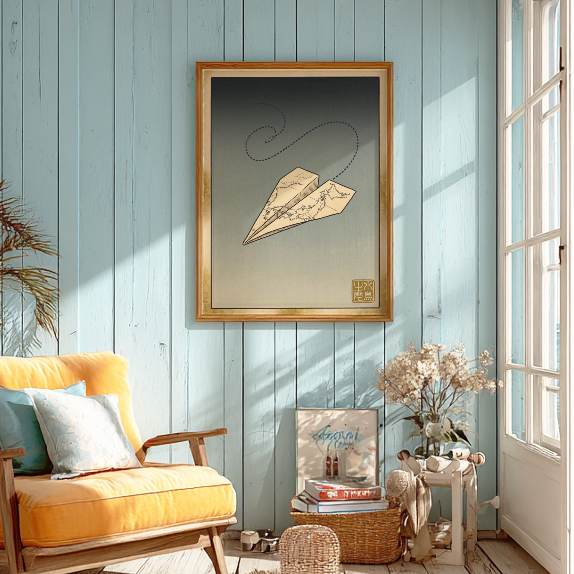 Japanese art style poster featuring a paper airplane in soft colors