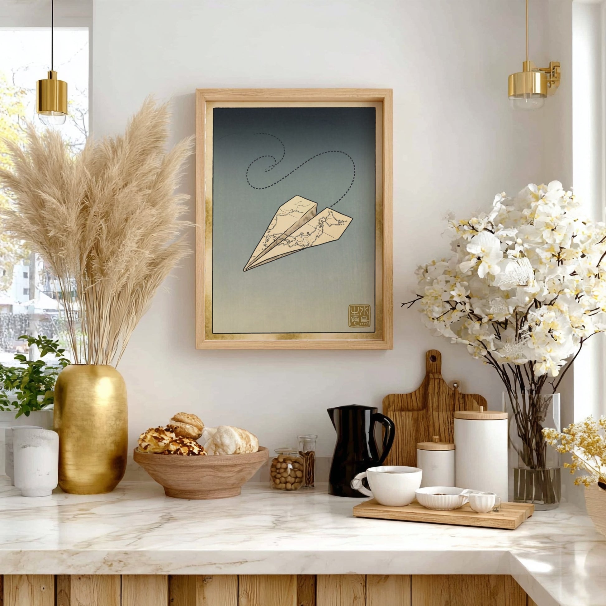 Japanese art style poster featuring a paper airplane in soft colors
