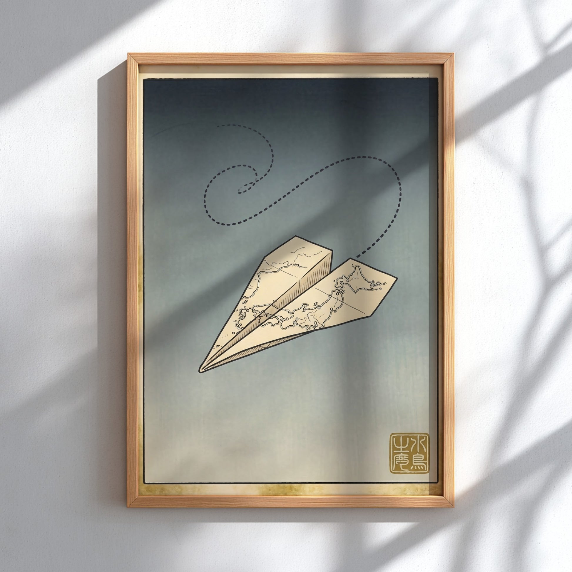 Japanese art style poster featuring a paper airplane in soft colors