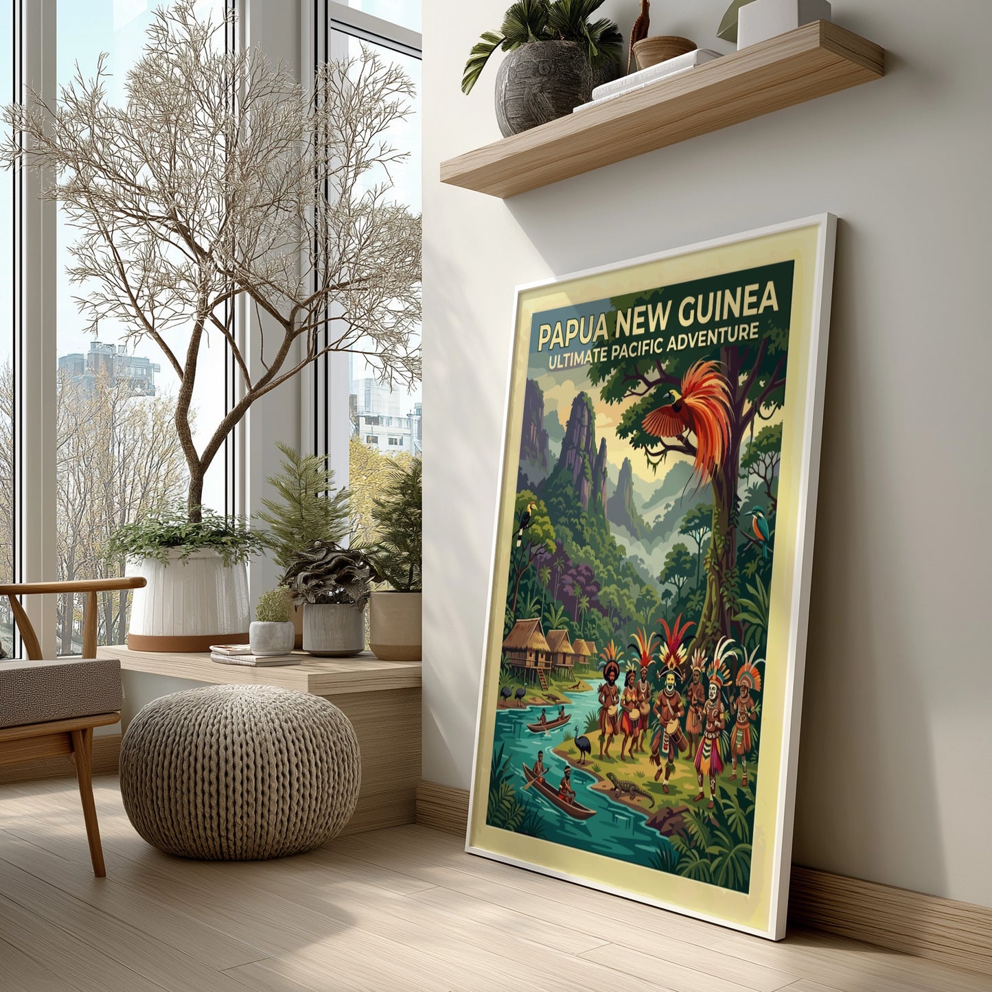 Travel poster of Papua New Guinea featuring traditional dancers, stilted huts, and tropical wildlife.