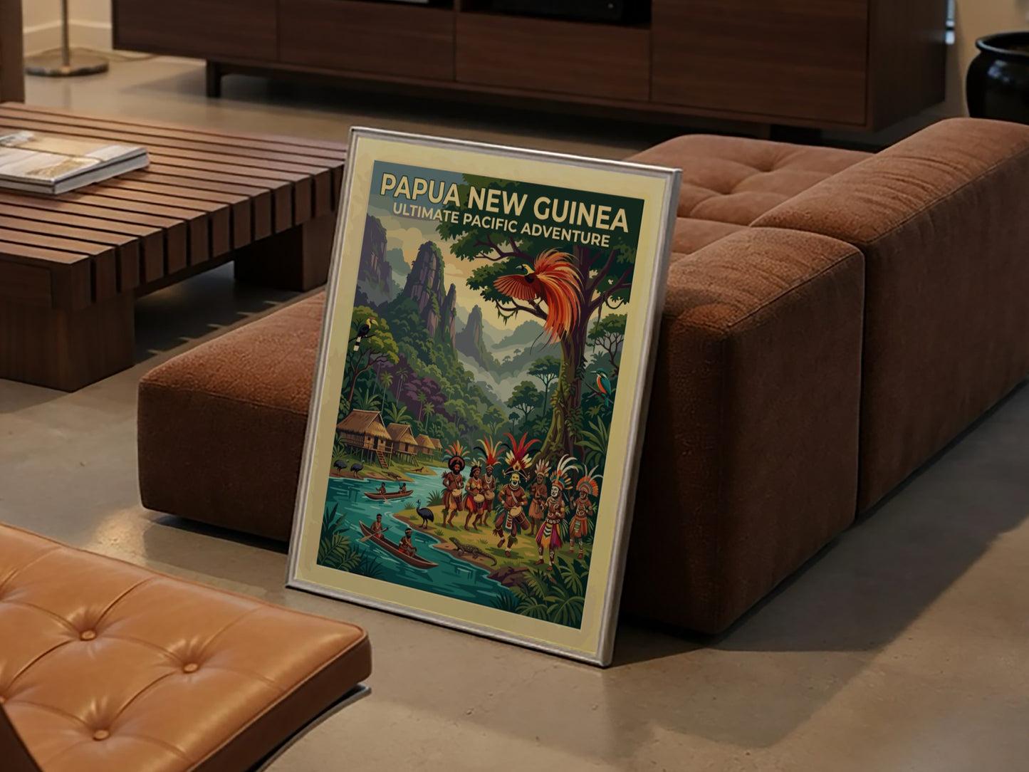 Travel poster of Papua New Guinea featuring traditional dancers, stilted huts, and tropical wildlife.