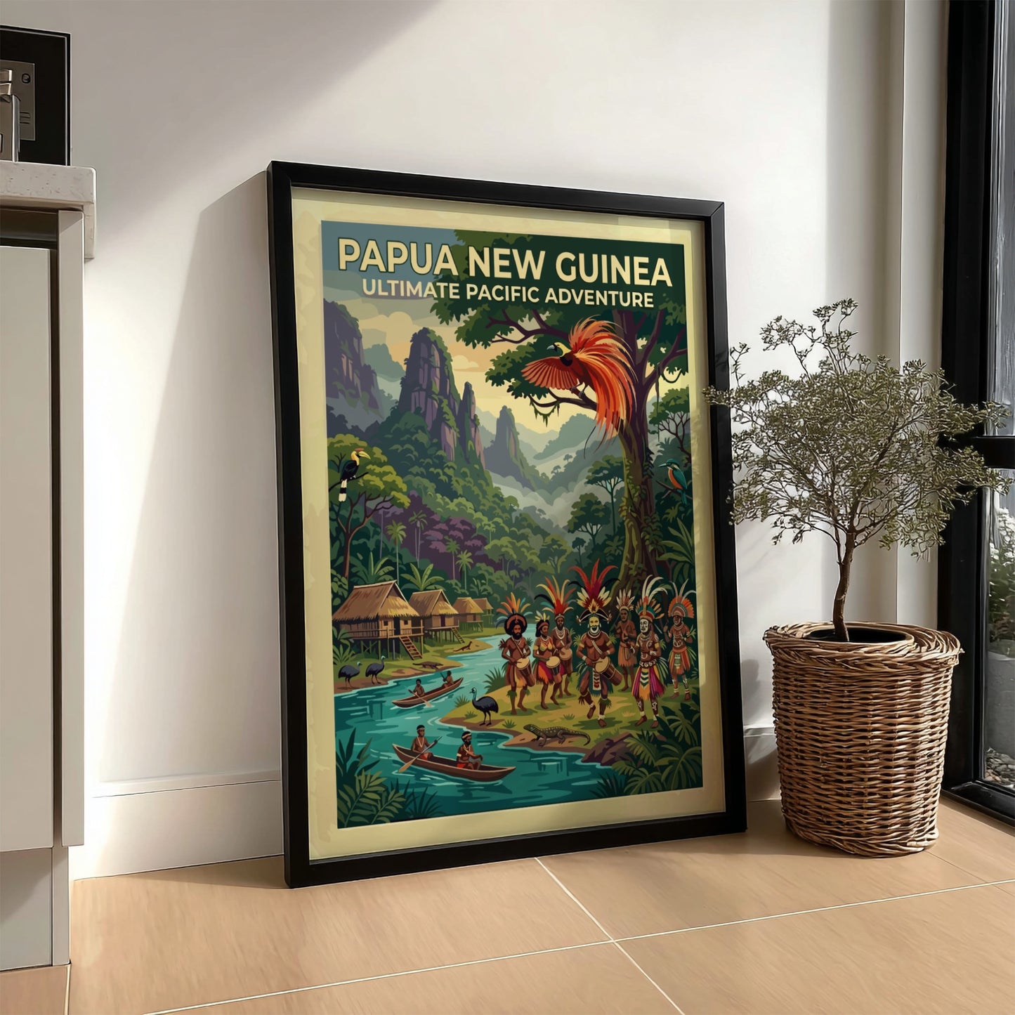 Travel poster of Papua New Guinea featuring traditional dancers, stilted huts, and tropical wildlife.