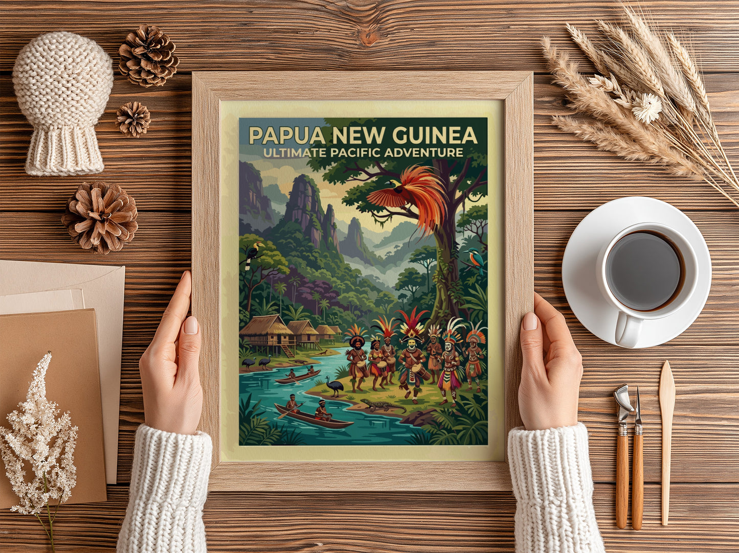 Travel poster of Papua New Guinea featuring traditional dancers, stilted huts, and tropical wildlife.