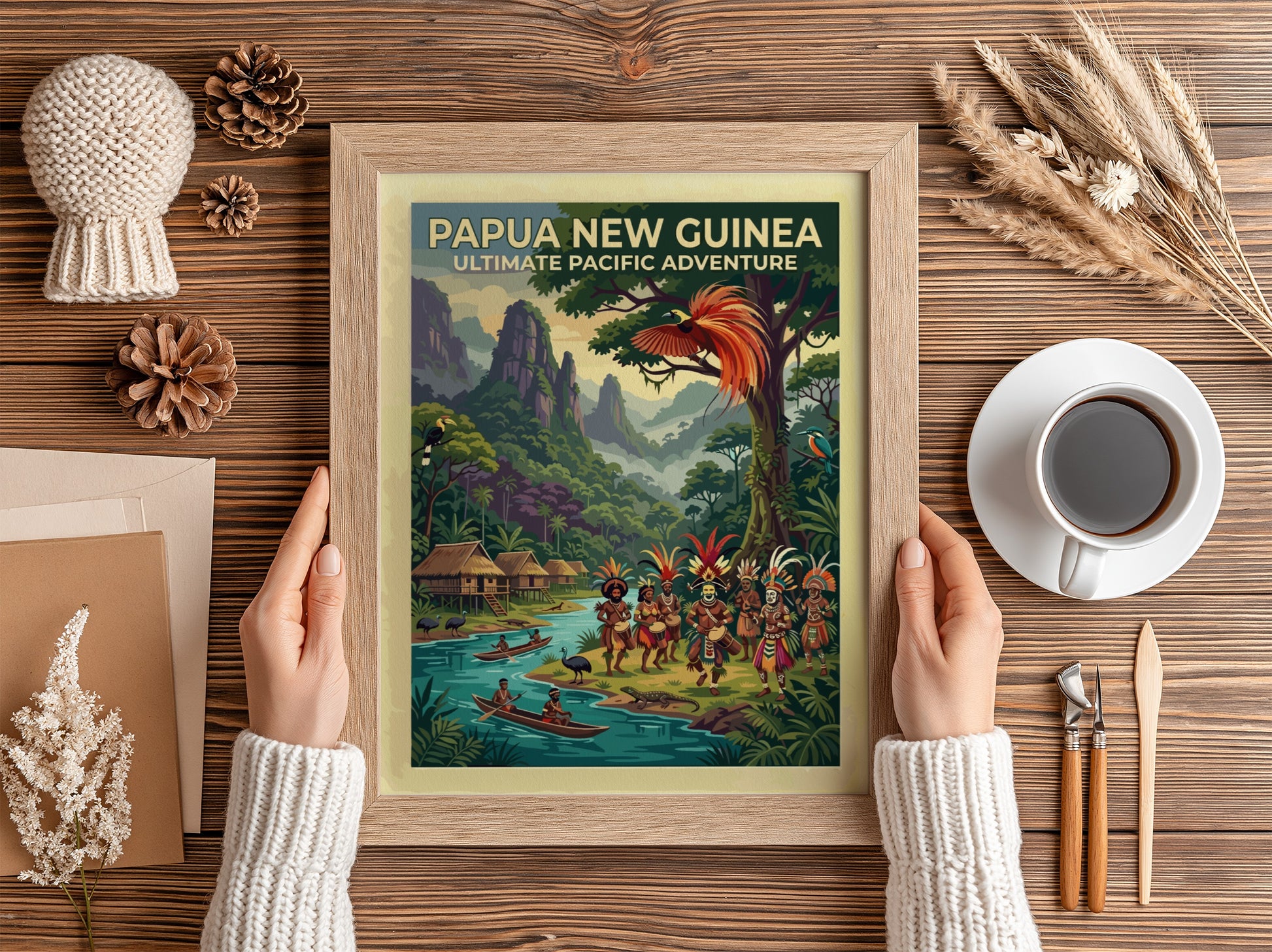 Travel poster of Papua New Guinea featuring traditional dancers, stilted huts, and tropical wildlife.