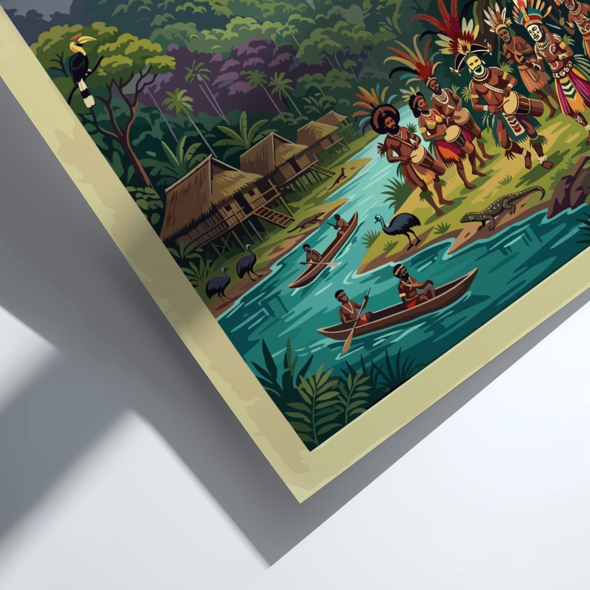 Travel poster of Papua New Guinea featuring traditional dancers, stilted huts, and tropical wildlife.