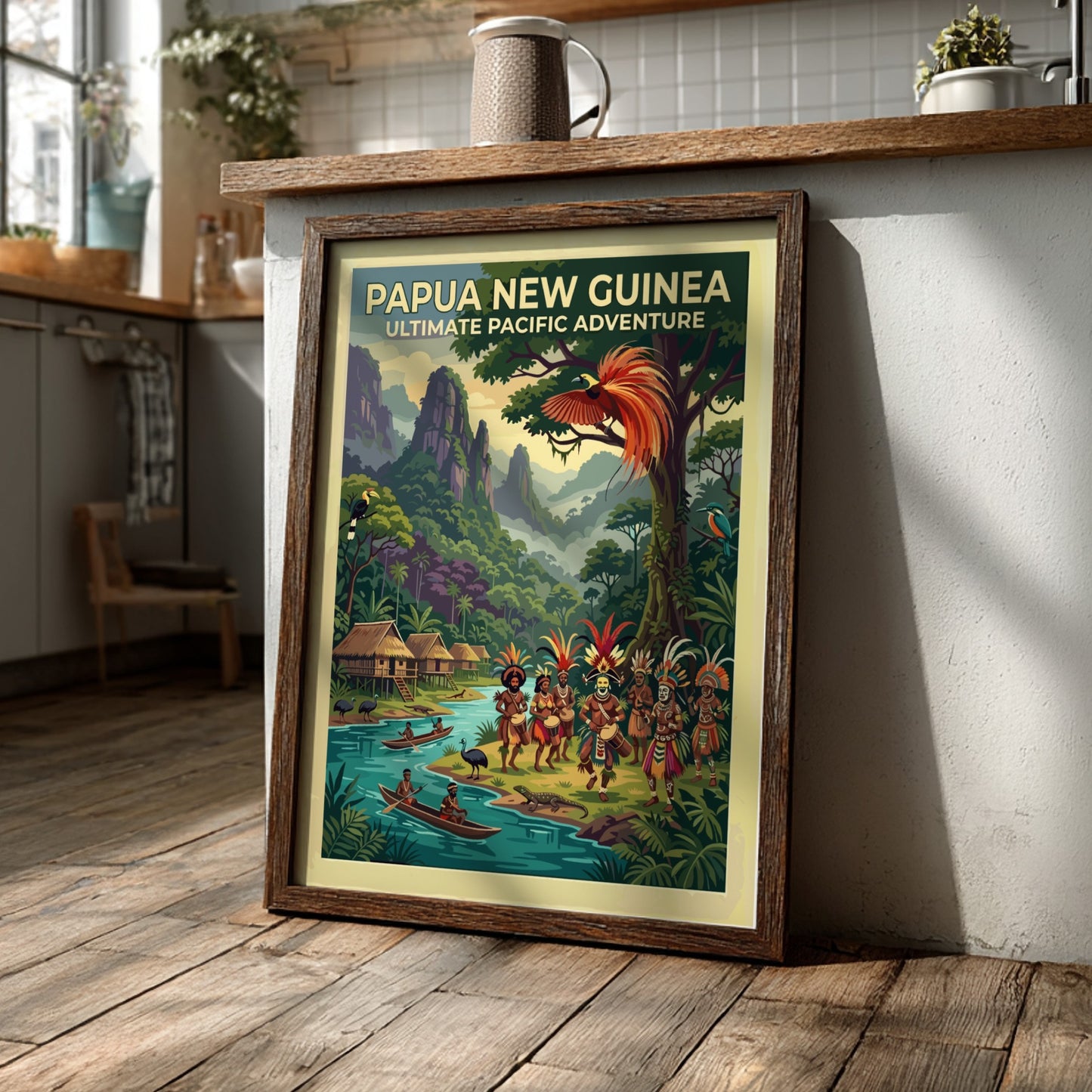 Travel poster of Papua New Guinea featuring traditional dancers, stilted huts, and tropical wildlife.