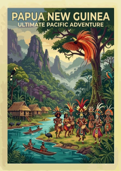 Travel poster of Papua New Guinea featuring traditional dancers, stilted huts, and tropical wildlife.