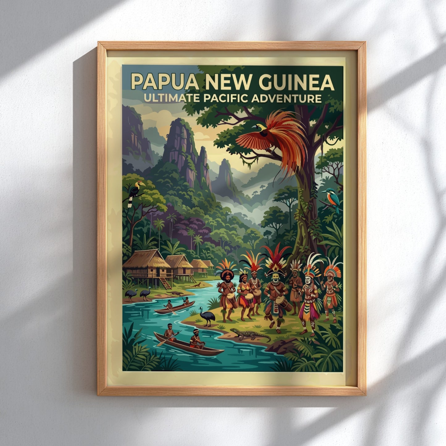 Travel poster of Papua New Guinea featuring traditional dancers, stilted huts, and tropical wildlife.
