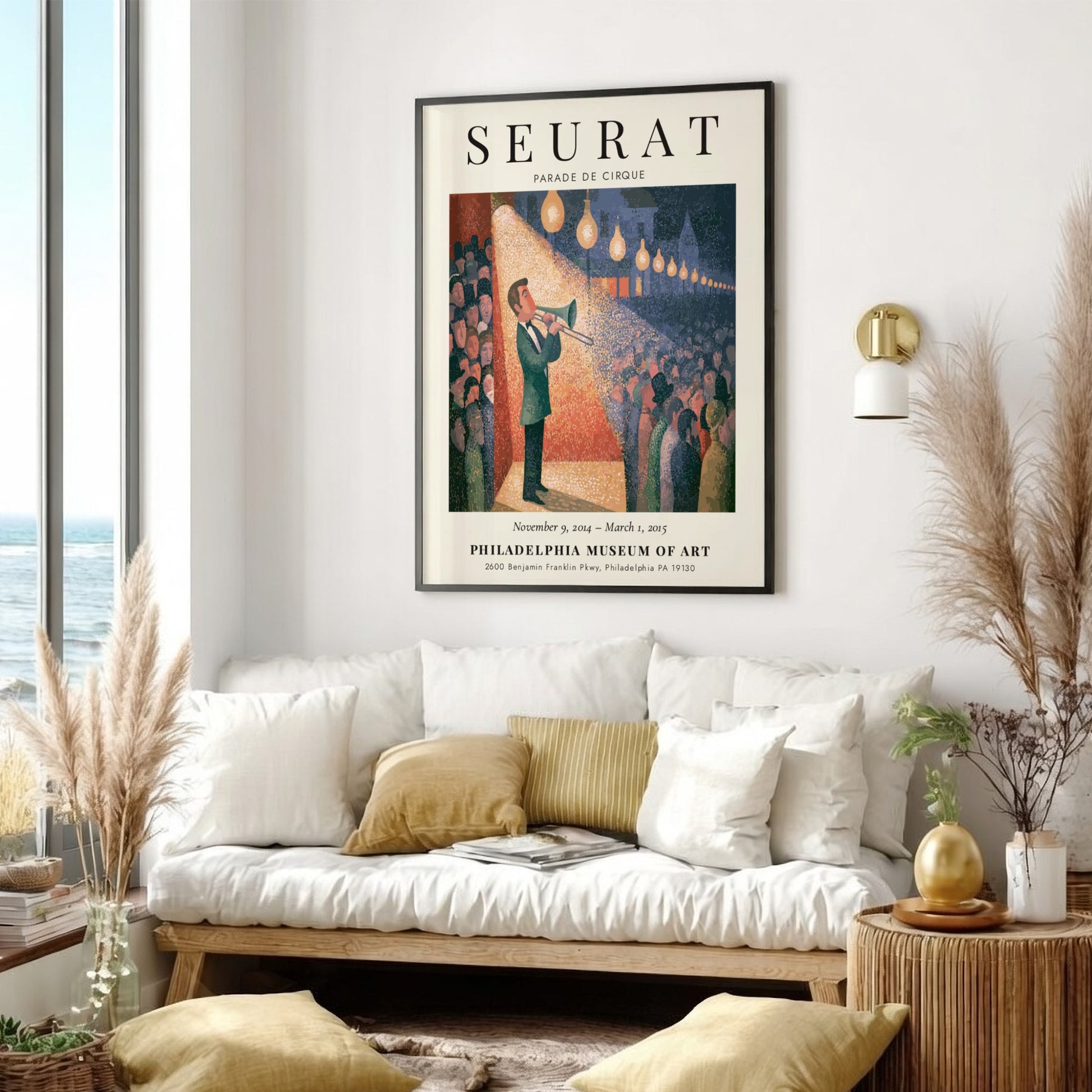 Seurat exhibition poster featuring Parade de Cirque with vibrant colors and circus theme