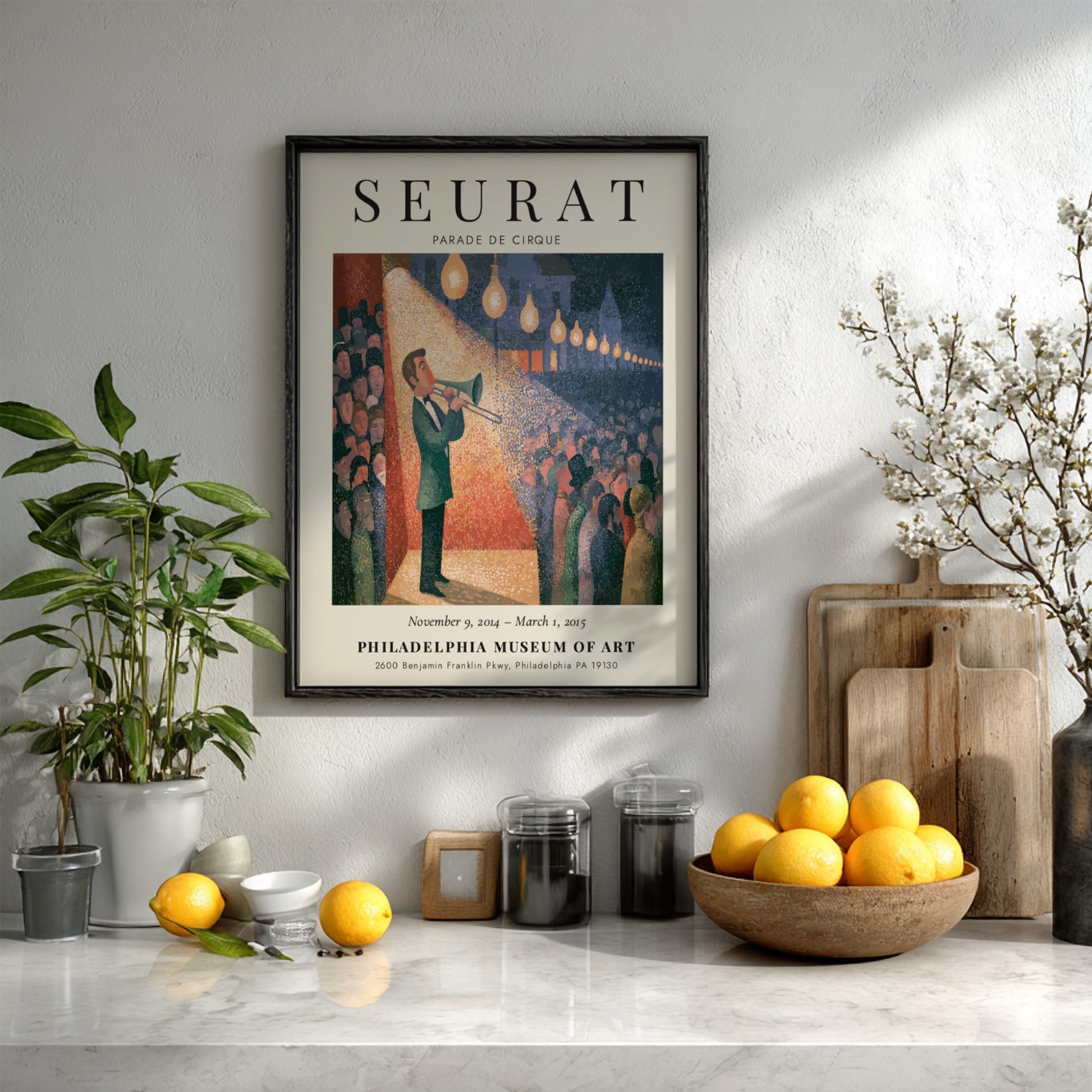 Seurat exhibition poster featuring Parade de Cirque with vibrant colors and circus theme