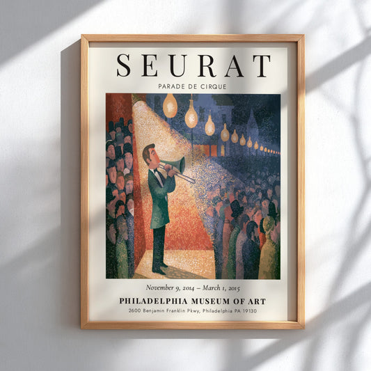 Seurat exhibition poster featuring Parade de Cirque with vibrant colors and circus theme