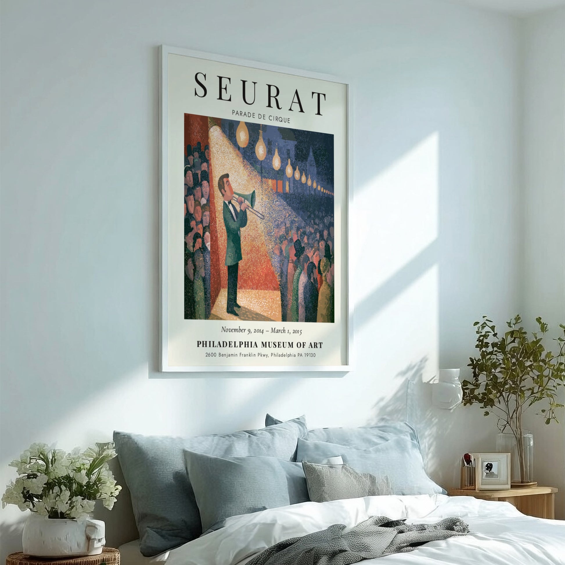 Seurat exhibition poster featuring Parade de Cirque with vibrant colors and circus theme