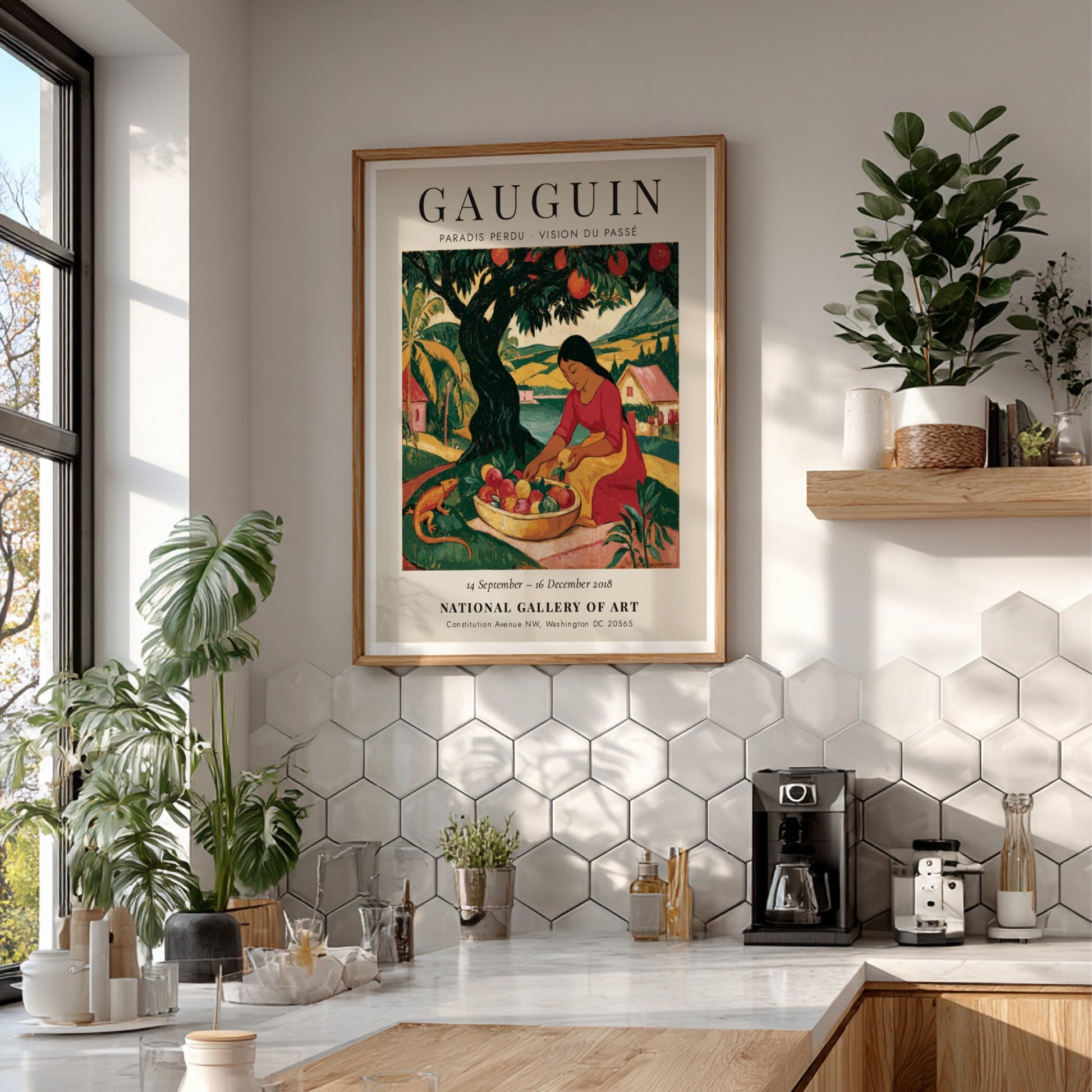 Gauguin exhibition poster featuring vibrant colors and a woman gathering fruit in a tropical landscape