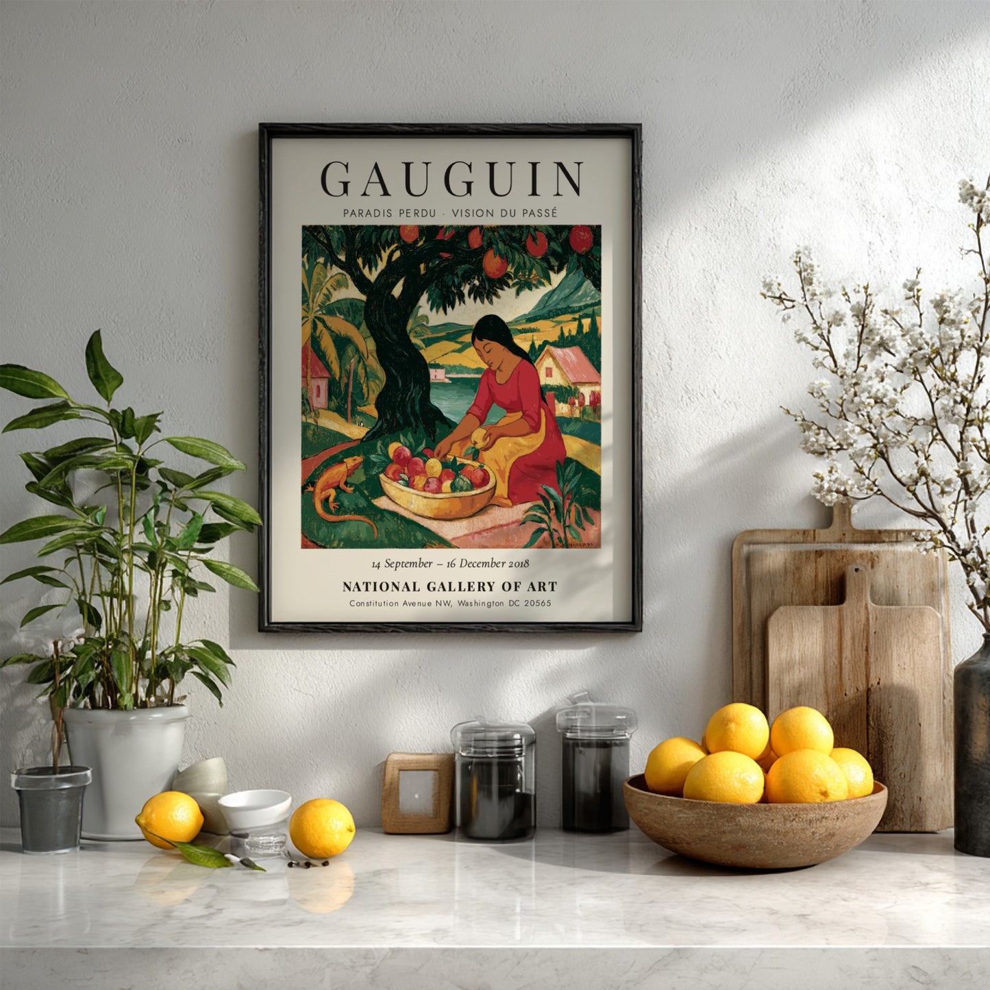 Gauguin exhibition poster featuring vibrant colors and a woman gathering fruit in a tropical landscape
