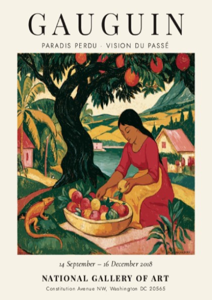Gauguin exhibition poster featuring vibrant colors and a woman gathering fruit in a tropical landscape