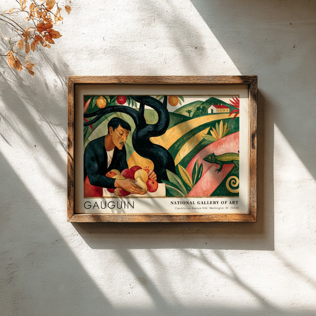 Wall art poster featuring Gauguin's Paradis Perdu with a man holding fruit, green landscape.