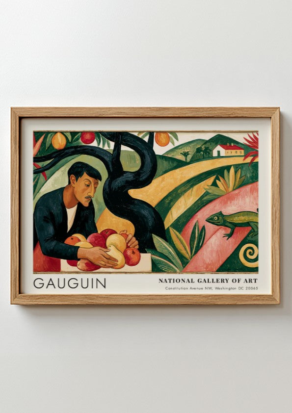 Wall art poster featuring Gauguin's Paradis Perdu with a man holding fruit, green landscape.