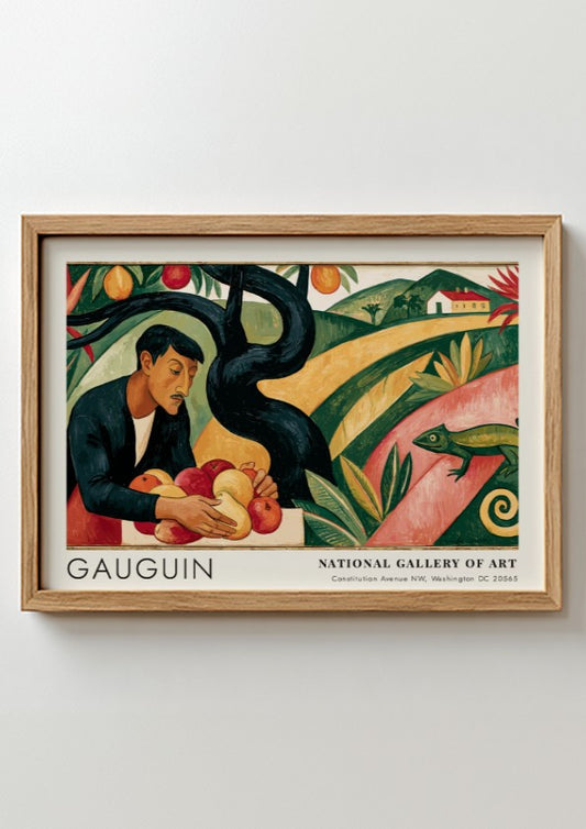 Wall art poster featuring Gauguin's Paradis Perdu with a man holding fruit, green landscape.