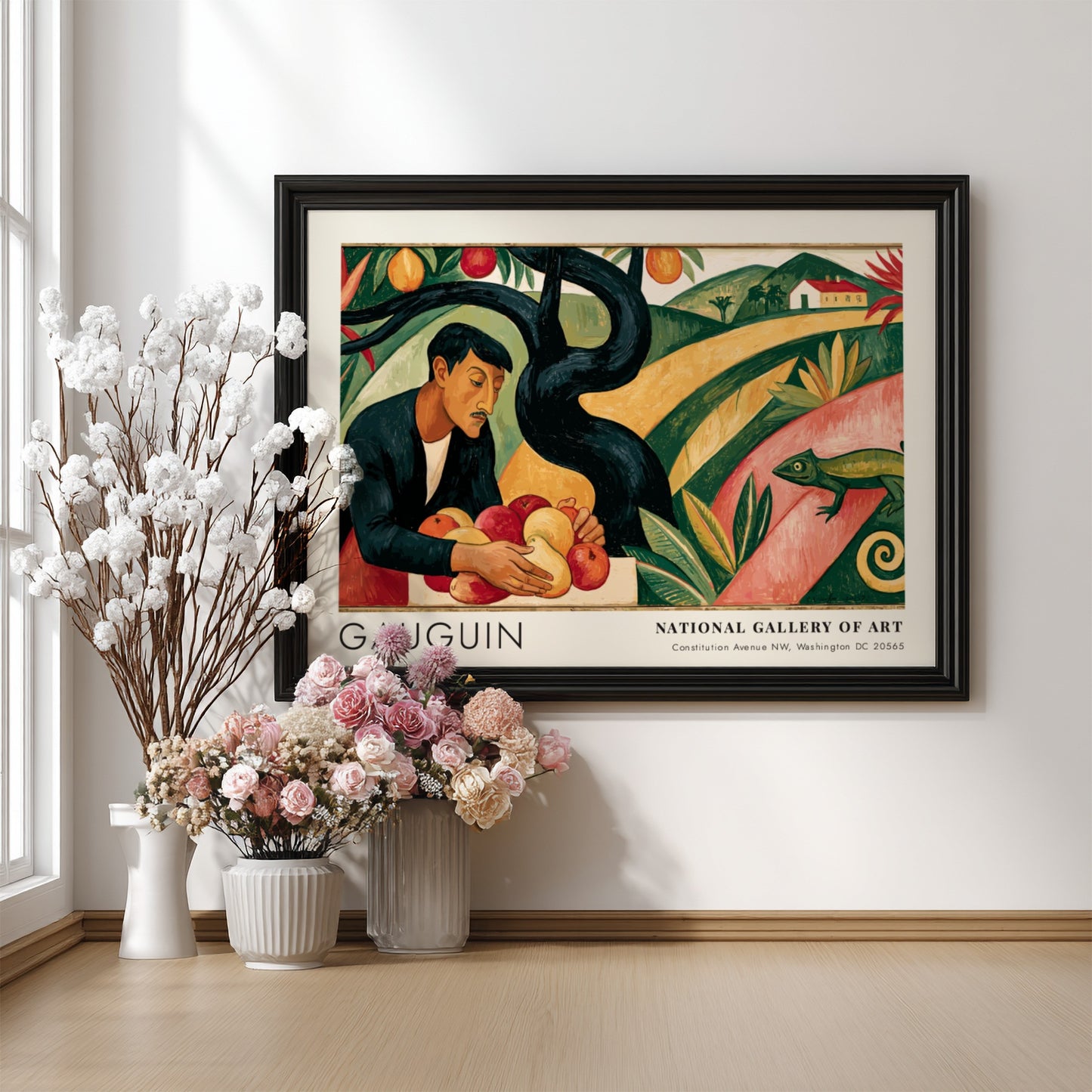 Wall art poster featuring Gauguin's Paradis Perdu with a man holding fruit, green landscape.