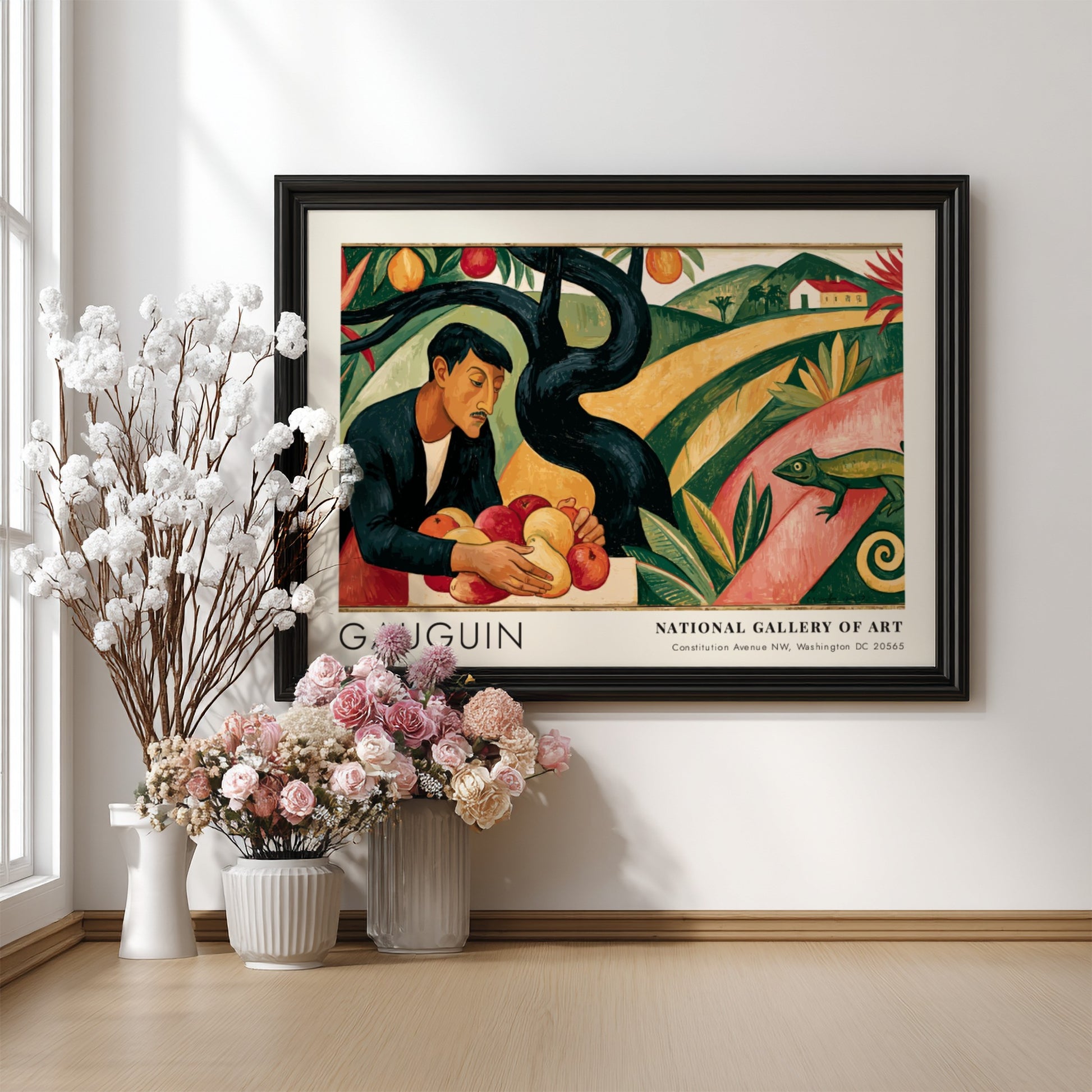 Wall art poster featuring Gauguin's Paradis Perdu with a man holding fruit, green landscape.