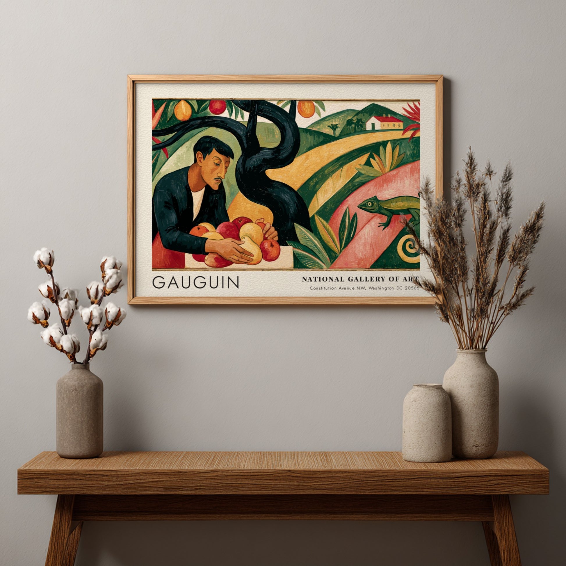 Wall art poster featuring Gauguin's Paradis Perdu with a man holding fruit, green landscape.
