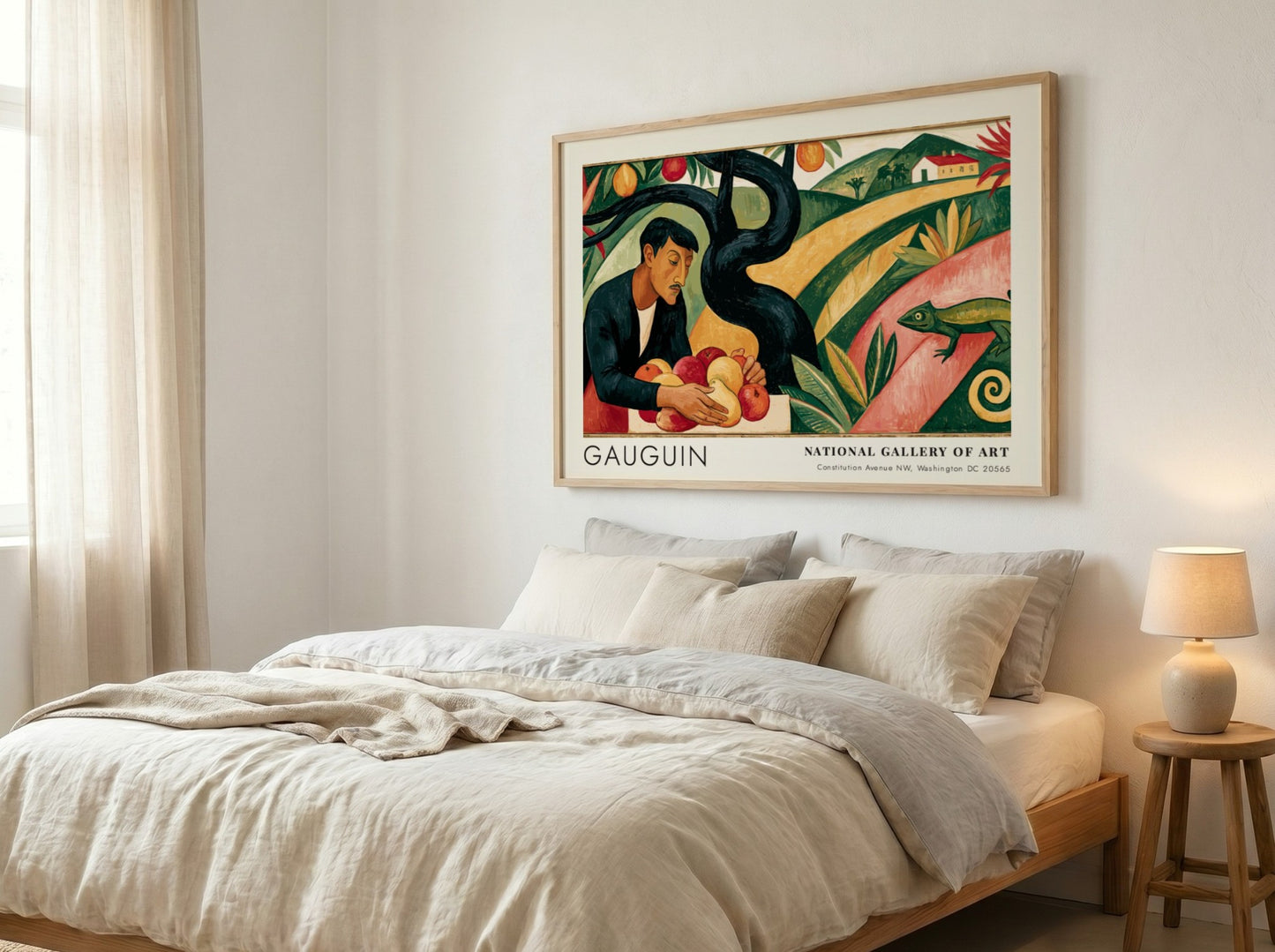 Wall art poster featuring Gauguin's Paradis Perdu with a man holding fruit, green landscape.