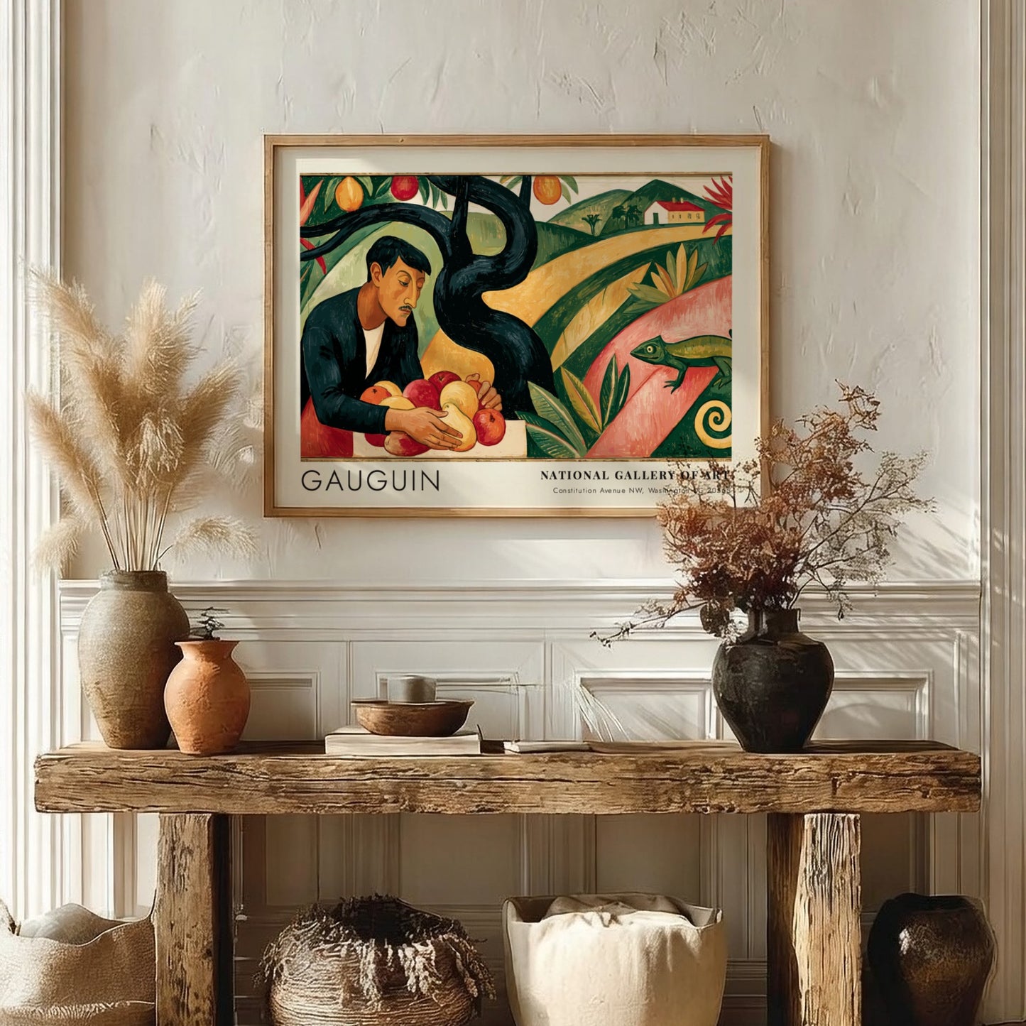 Wall art poster featuring Gauguin's Paradis Perdu with a man holding fruit, green landscape.