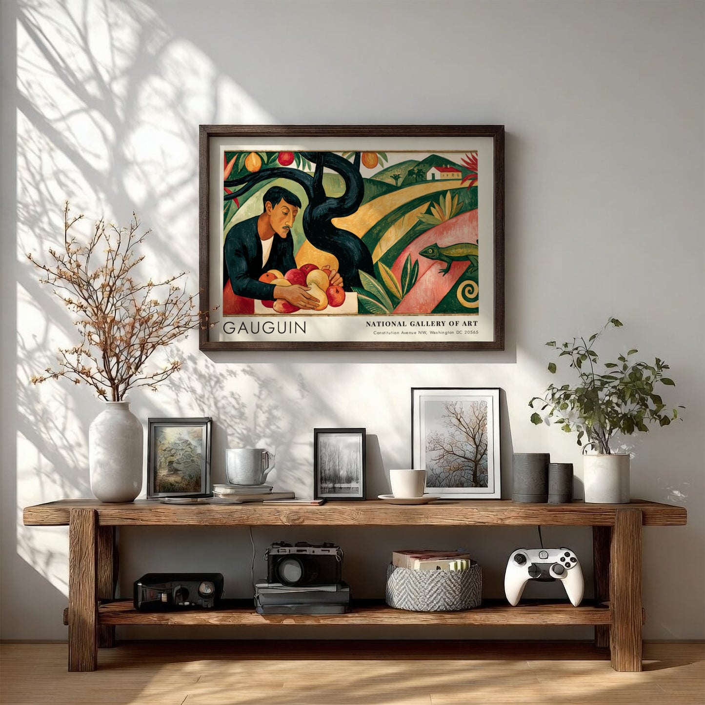 Wall art poster featuring Gauguin's Paradis Perdu with a man holding fruit, green landscape.
