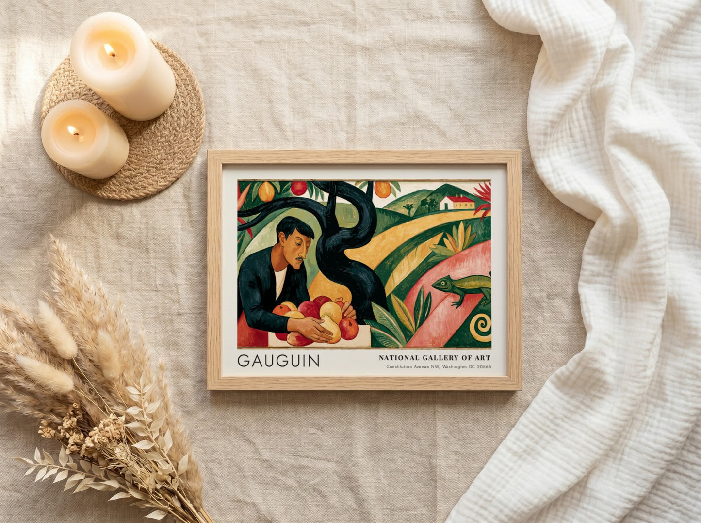 Wall art poster featuring Gauguin's Paradis Perdu with a man holding fruit, green landscape.