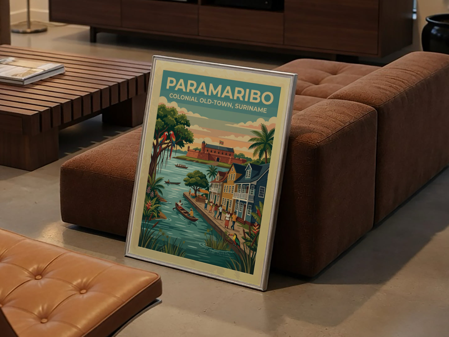 Travel poster of Paramaribo Colonial Old-Town in Suriname with boats and colourful parrots.