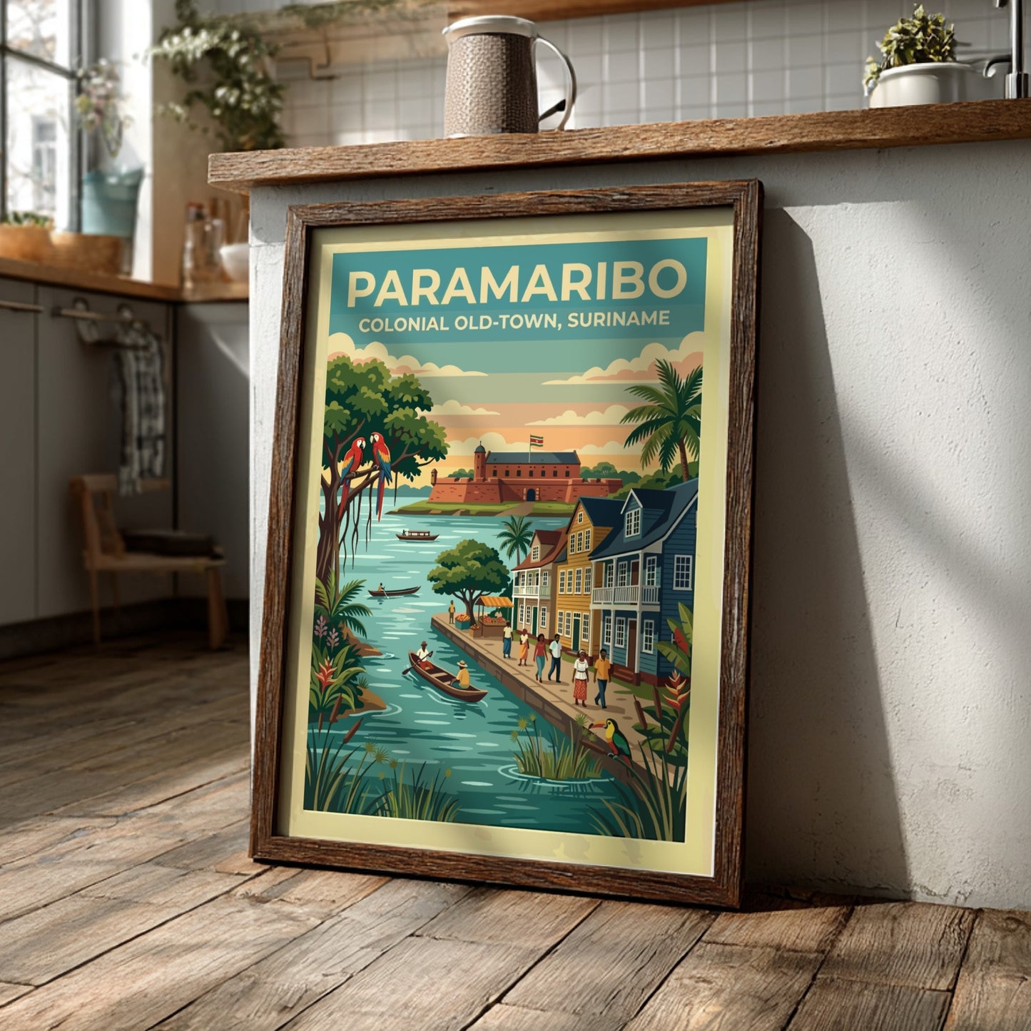 Travel poster of Paramaribo Colonial Old-Town in Suriname with boats and colourful parrots.
