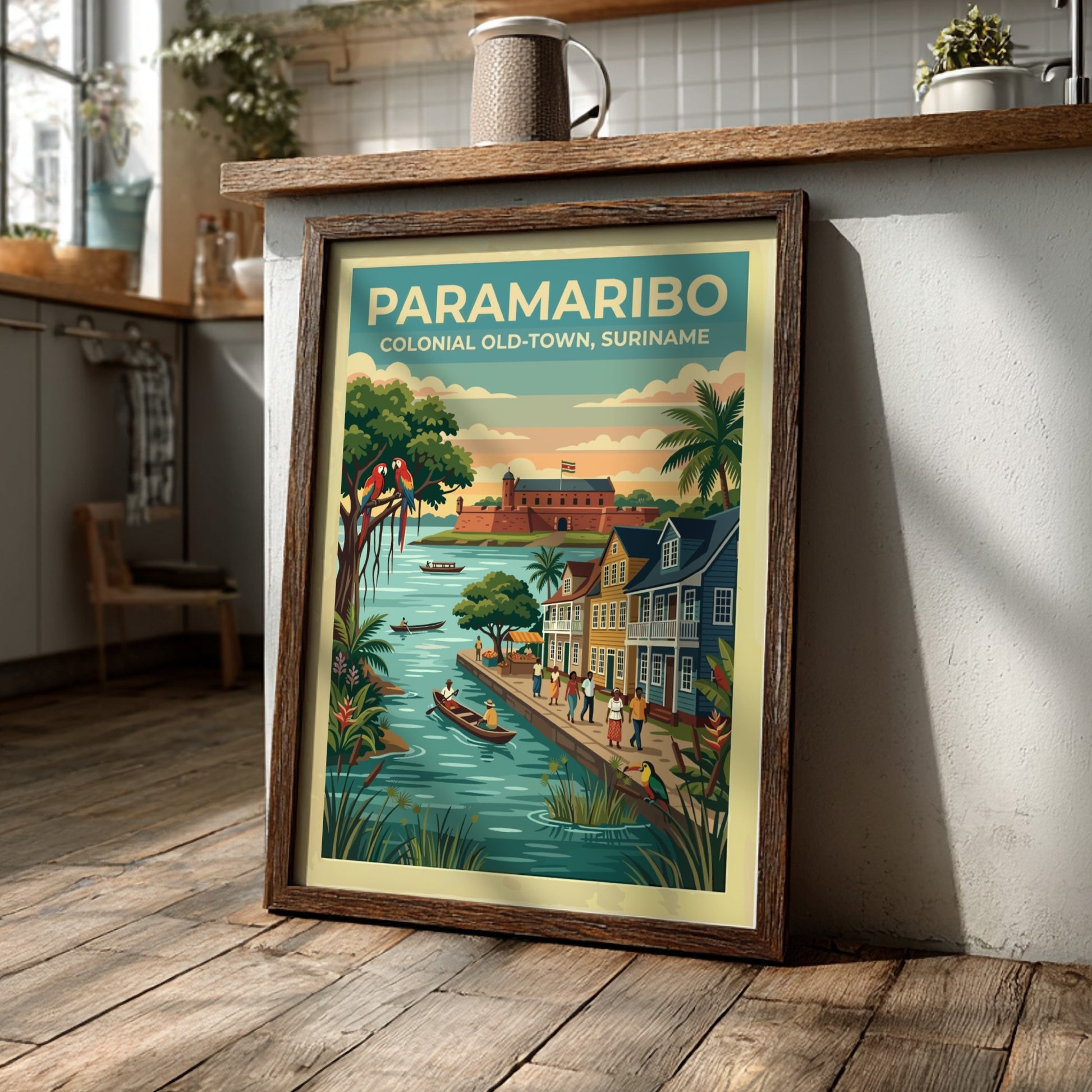 Travel poster of Paramaribo Colonial Old-Town in Suriname with boats and colourful parrots.