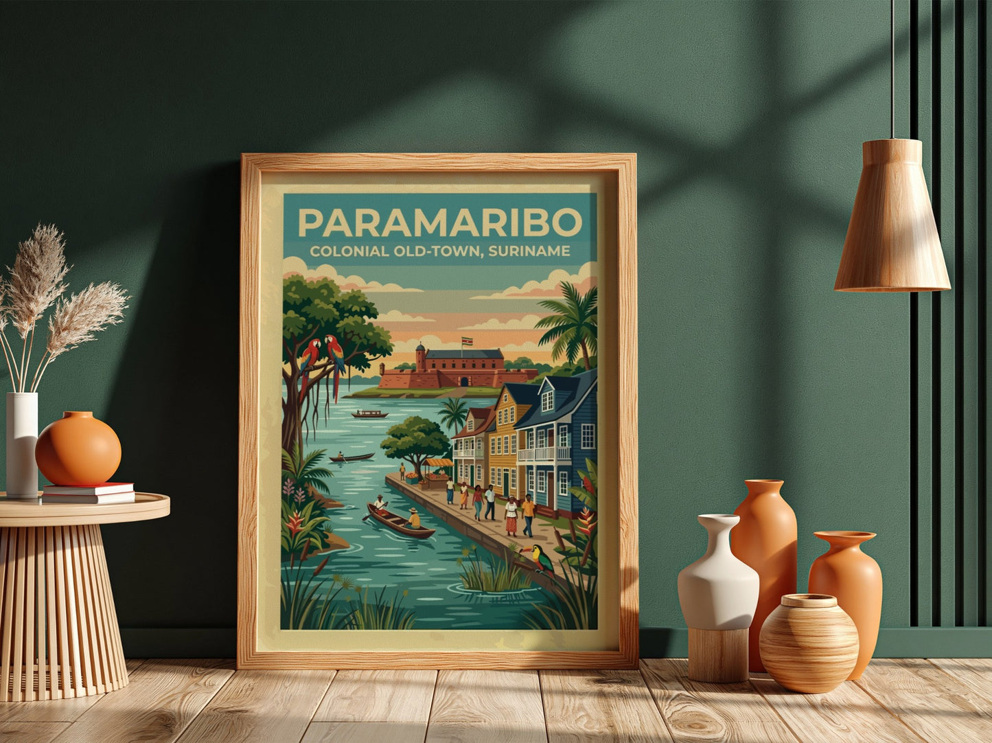 Travel poster of Paramaribo Colonial Old-Town in Suriname with boats and colourful parrots.