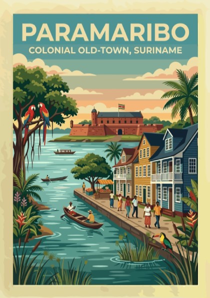 Travel poster of Paramaribo Colonial Old-Town in Suriname with boats and colourful parrots.