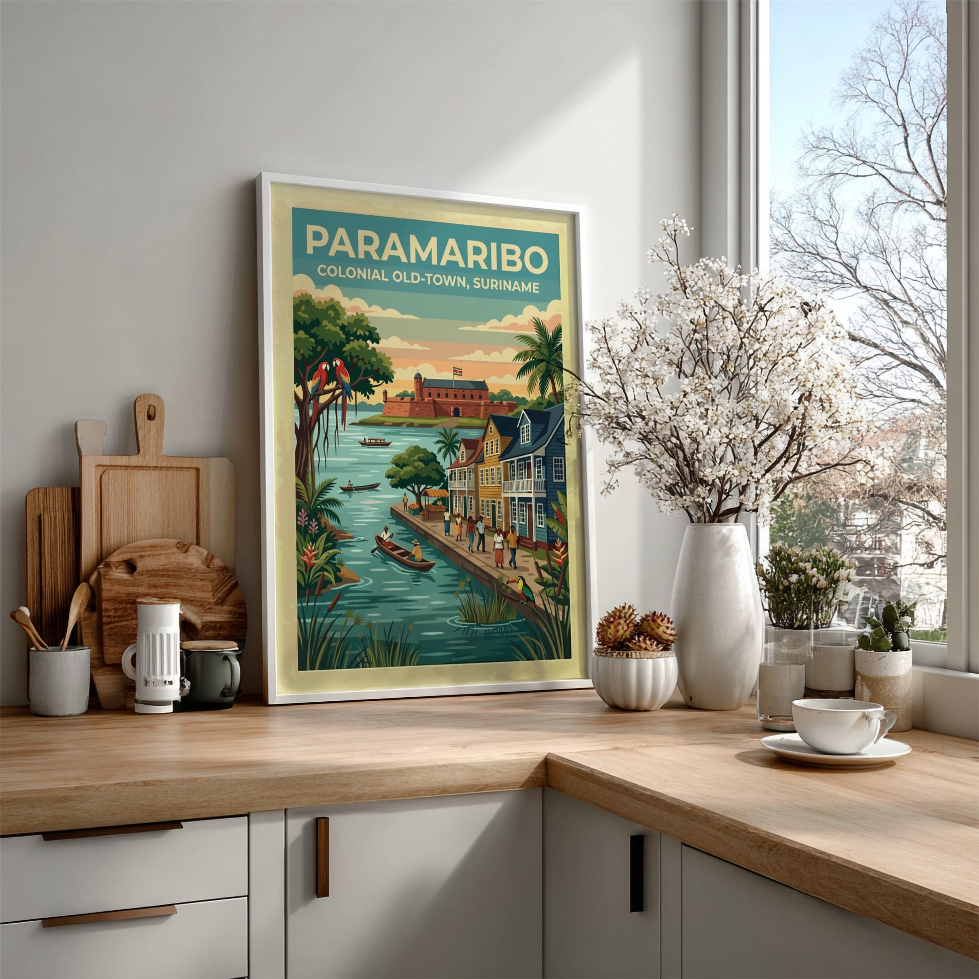 Travel poster of Paramaribo Colonial Old-Town in Suriname with boats and colourful parrots.