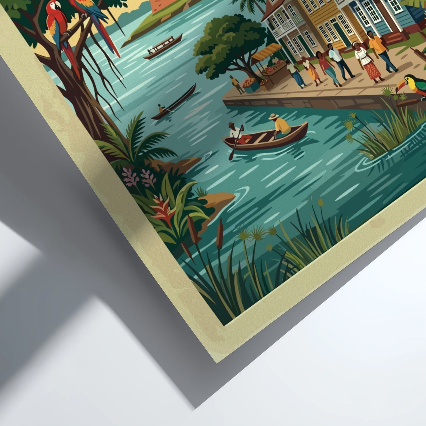 Travel poster of Paramaribo Colonial Old-Town in Suriname with boats and colourful parrots.