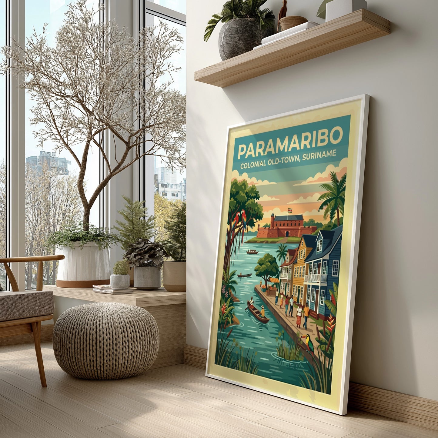 Travel poster of Paramaribo Colonial Old-Town in Suriname with boats and colourful parrots.