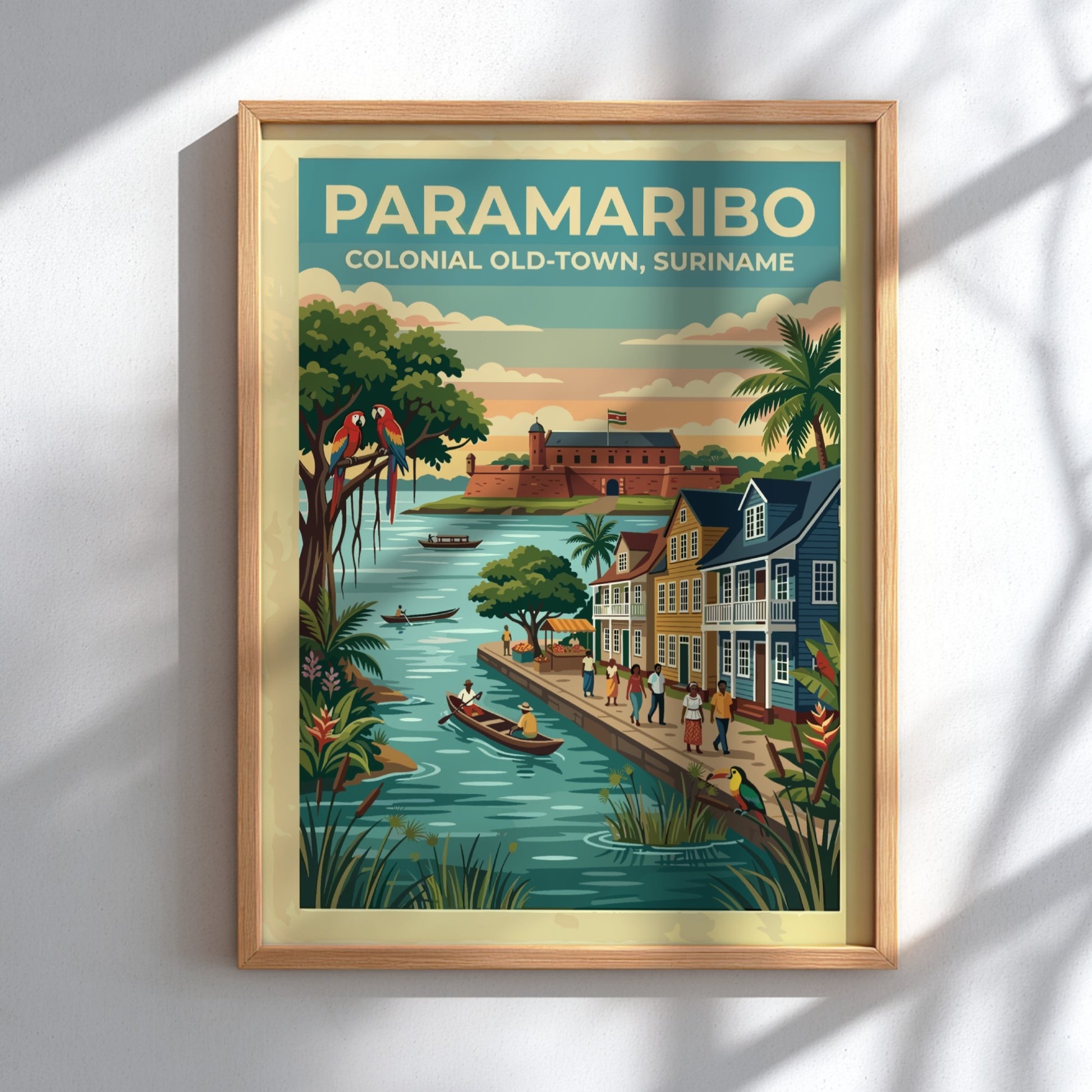 Travel poster of Paramaribo Colonial Old-Town in Suriname with boats and colourful parrots.