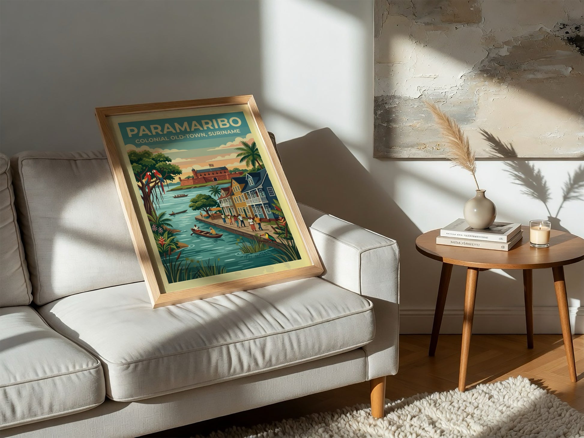 Travel poster of Paramaribo Colonial Old-Town in Suriname with boats and colourful parrots.