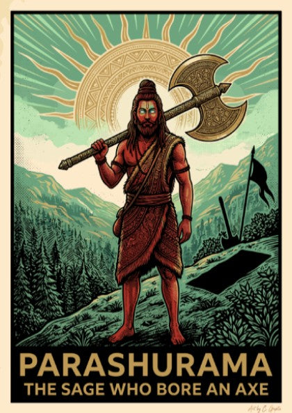Poster featuring Parashurama the sage holding an axe against a sun and mountains